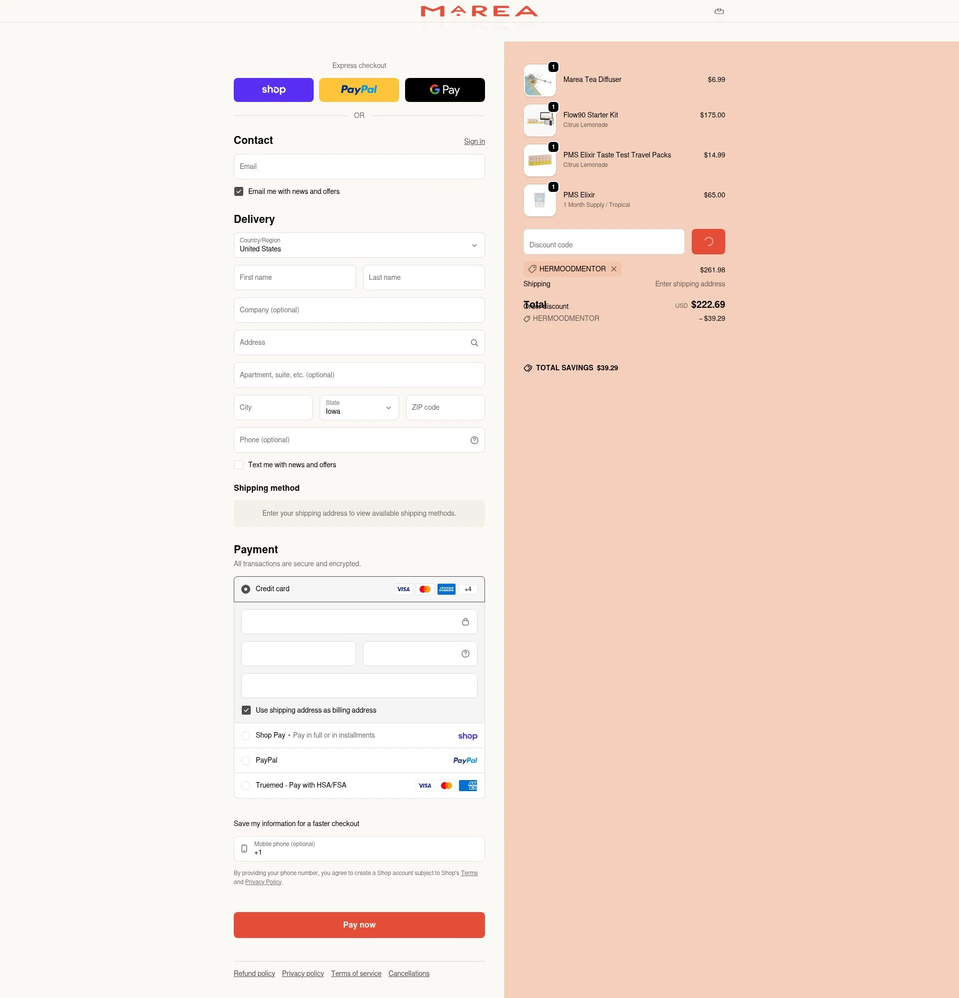 Marea Wellness checkout page showing Marea Wellness discount code box | Screenshot taken by SimplyCodes community member on Feb 2, 2026