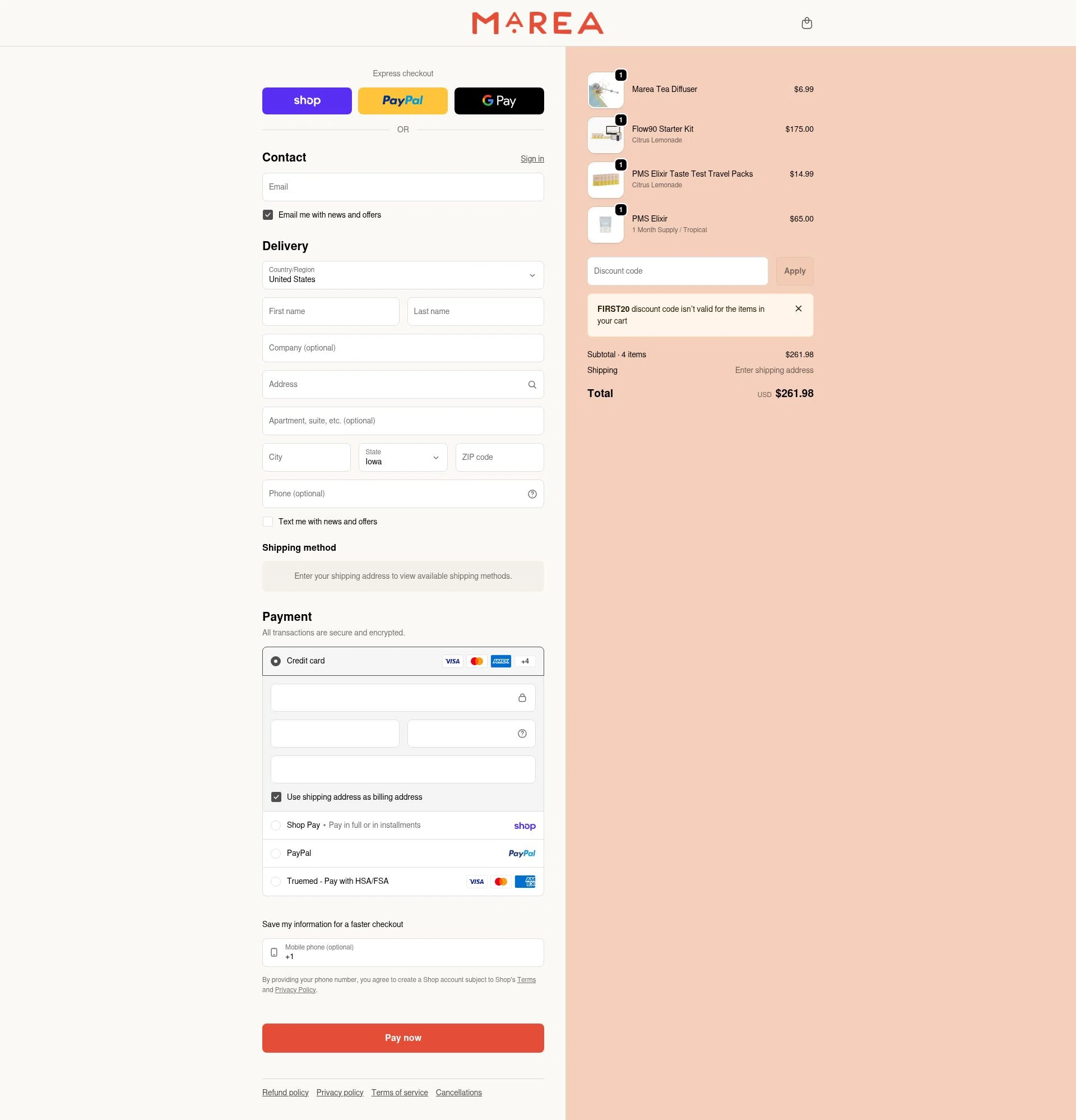 Marea Wellness checkout page showing Marea Wellness discount code box | Screenshot taken by SimplyCodes community member on Feb 2, 2026