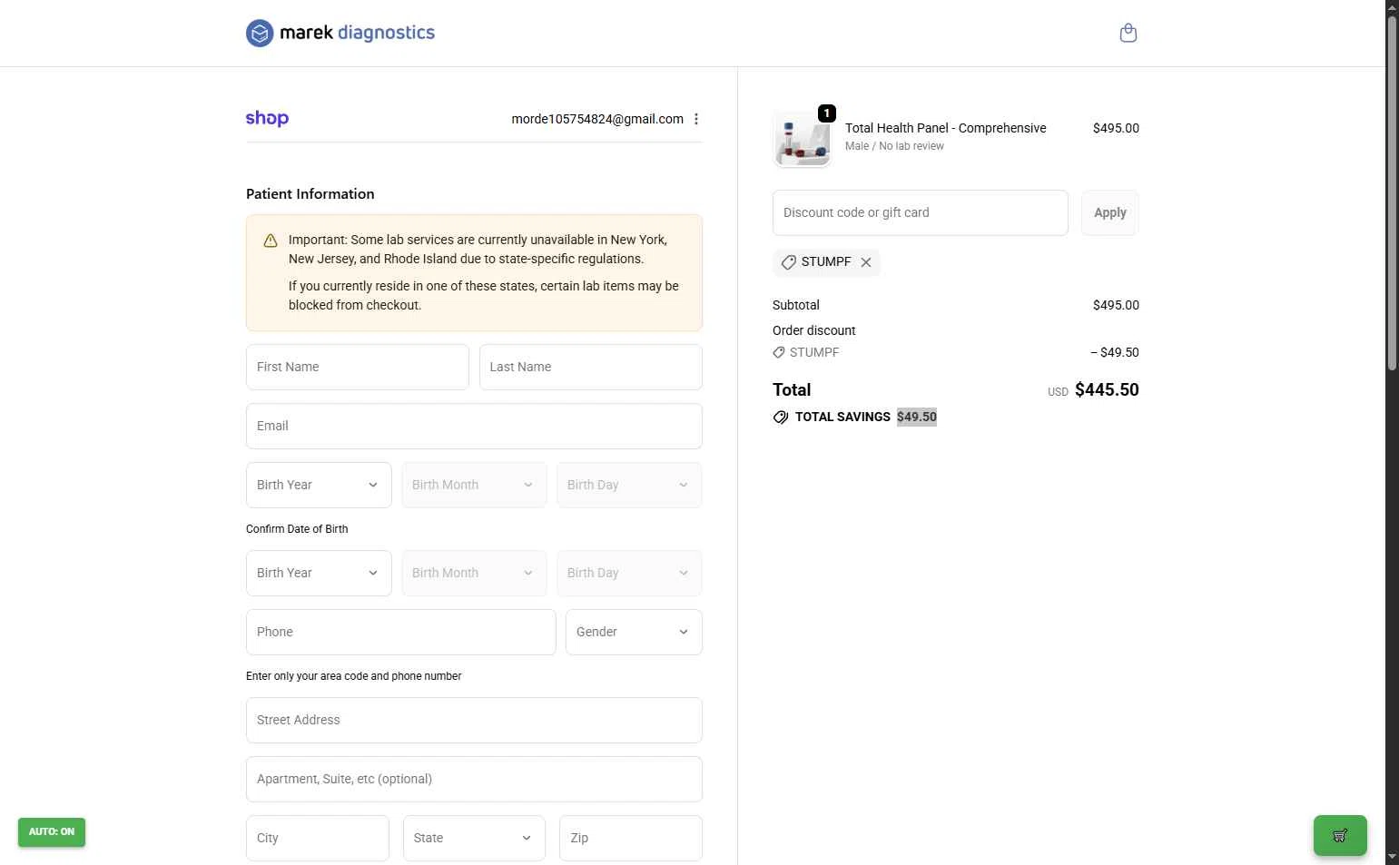 Marek Health checkout page showing Marek Health discount code box | Screenshot taken by SimplyCodes community member on Dec 12, 2025