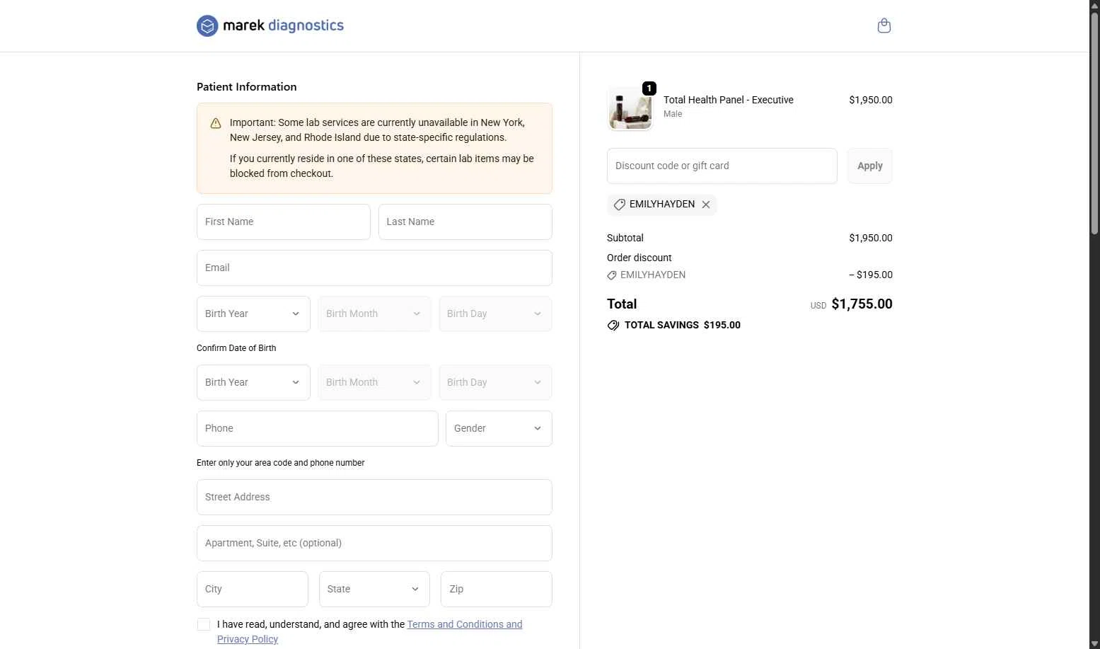 Marek Health checkout page showing Marek Health discount code box | Screenshot taken by SimplyCodes community member on Jan 11, 2026