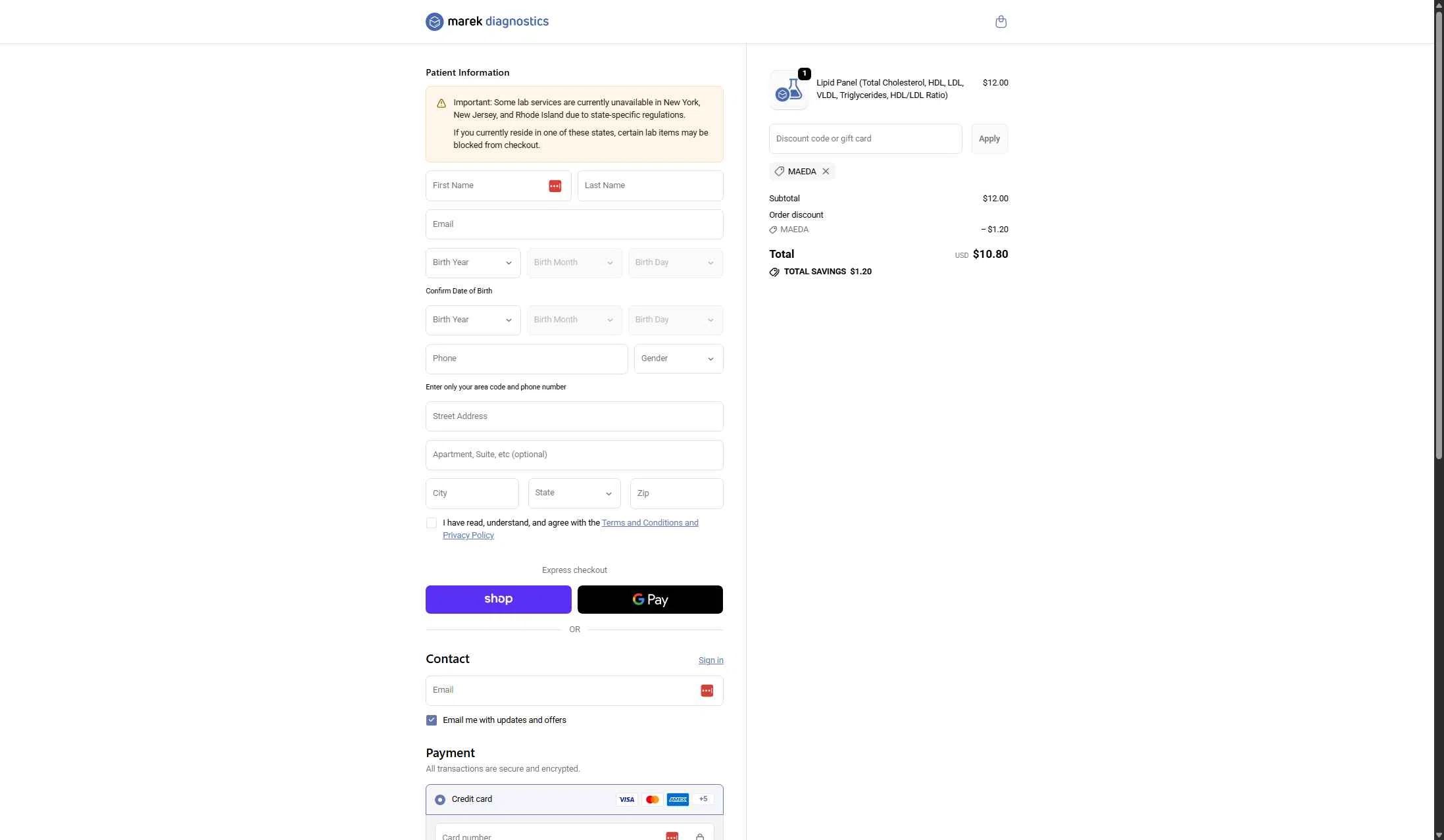 Marek Health checkout page showing Marek Health discount code box | Screenshot taken by SimplyCodes community member on Dec 31, 2025