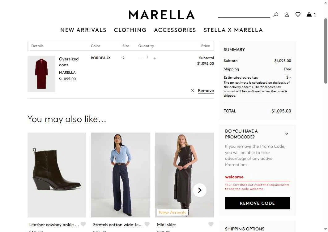Marella checkout page showing Marella promo code box | Screenshot taken by SimplyCodes community member on Oct 18, 2025
