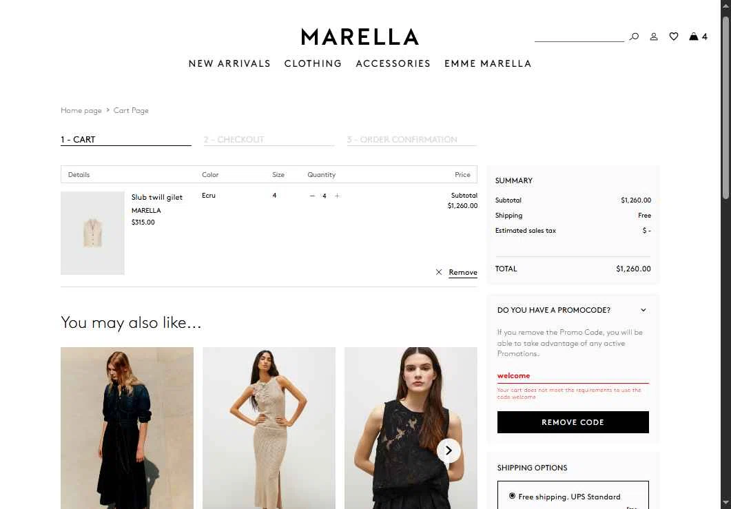 Marella checkout page showing Marella promo code box | Screenshot taken by SimplyCodes community member on Apr 26, 2025