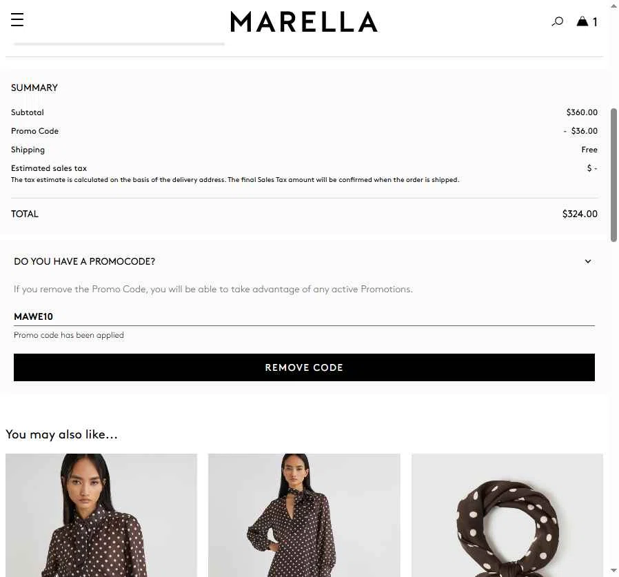 Marella checkout page showing Marella promo code box | Screenshot taken by SimplyCodes community member on Sep 12, 2025