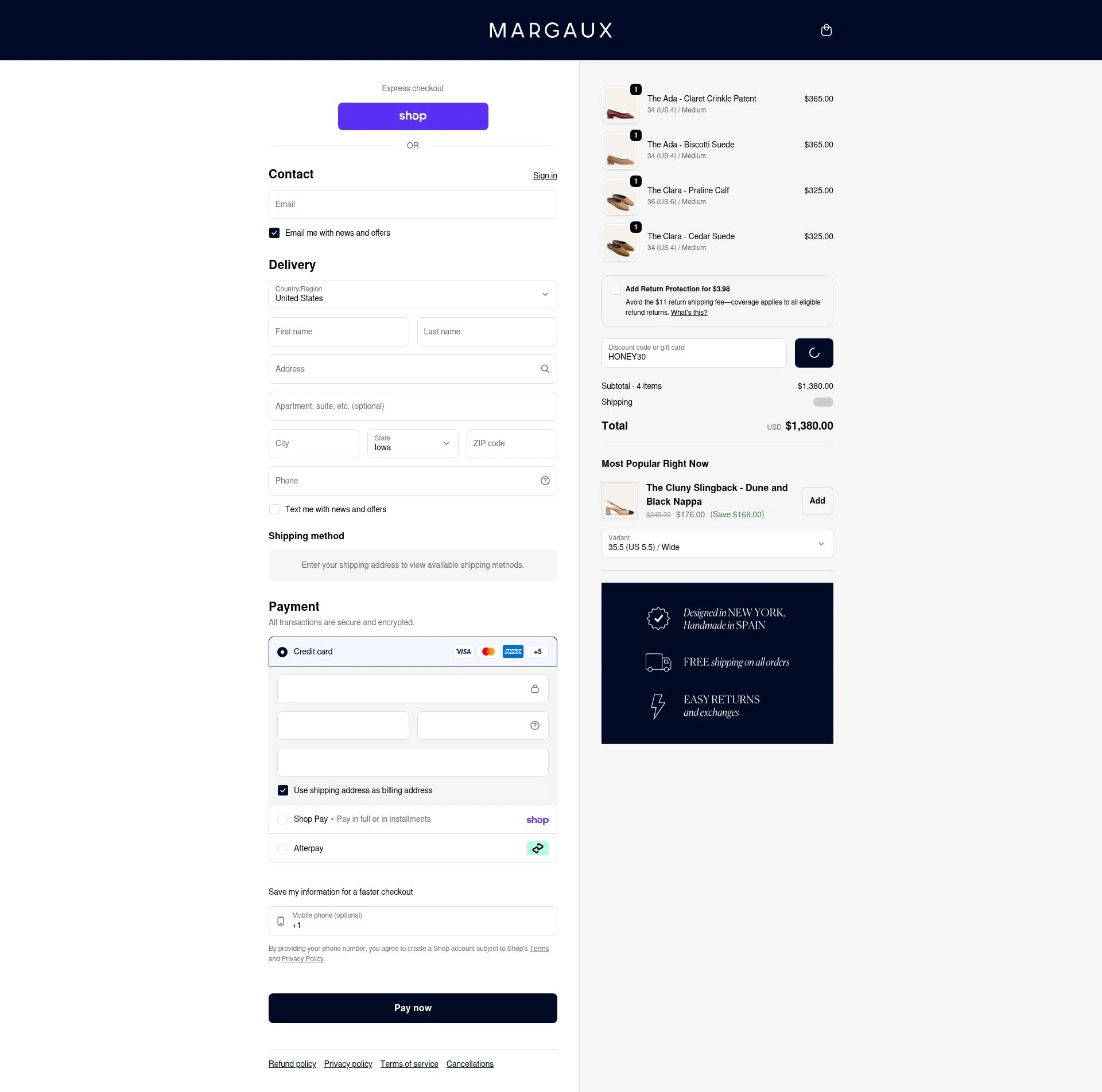 Margaux checkout page showing Margaux discount code box | Screenshot taken by SimplyCodes community member on Feb 13, 2026