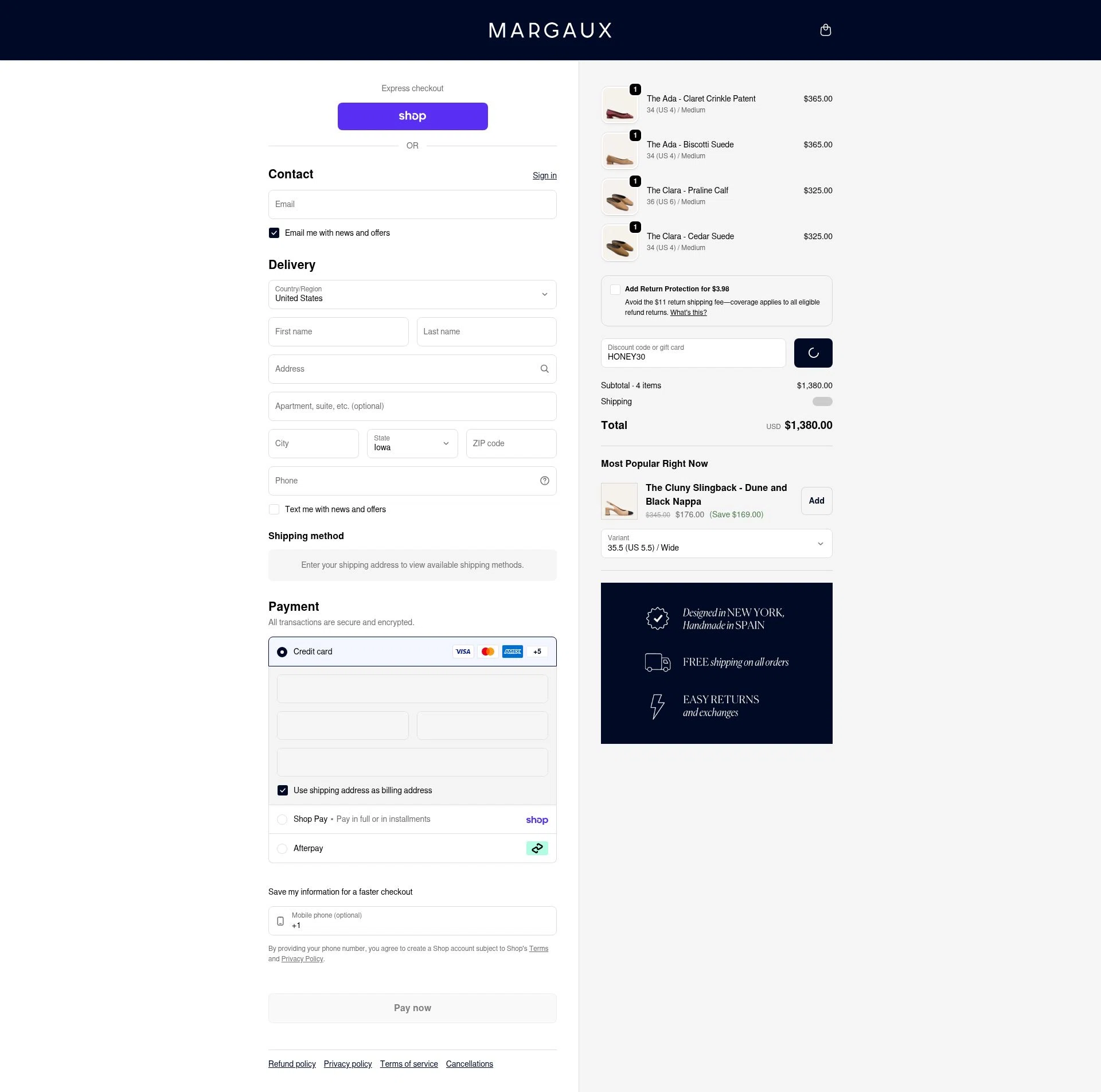 Margaux checkout page showing Margaux discount code box | Screenshot taken by SimplyCodes community member on Feb 14, 2026