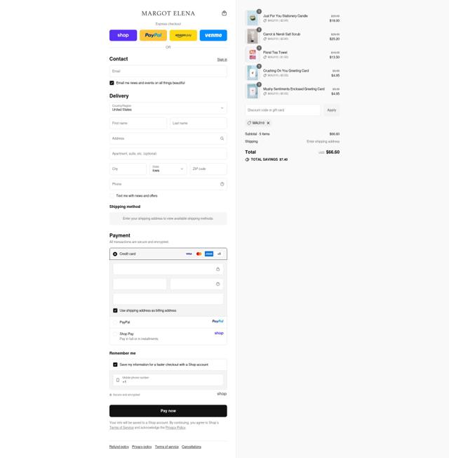 Margot Elena checkout page showing Margot Elena discount code box | Screenshot taken by SimplyCodes community member on Sep 15, 2025