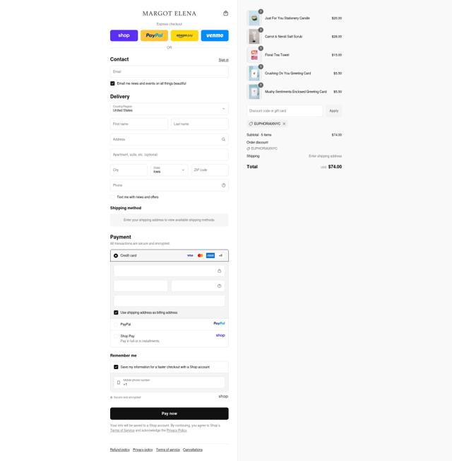 Margot Elena checkout page showing Margot Elena discount code box | Screenshot taken by SimplyCodes community member on Sep 15, 2025