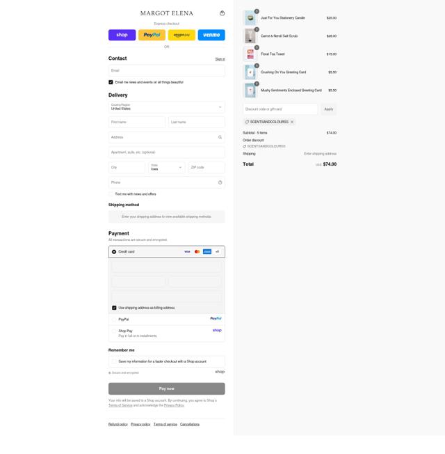 Margot Elena checkout page showing Margot Elena discount code box | Screenshot taken by SimplyCodes community member on Sep 11, 2025