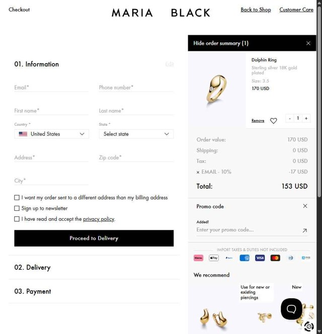 Maria Black checkout page showing Maria Black promo code box | Screenshot taken by SimplyCodes community member on Aug 14, 2025