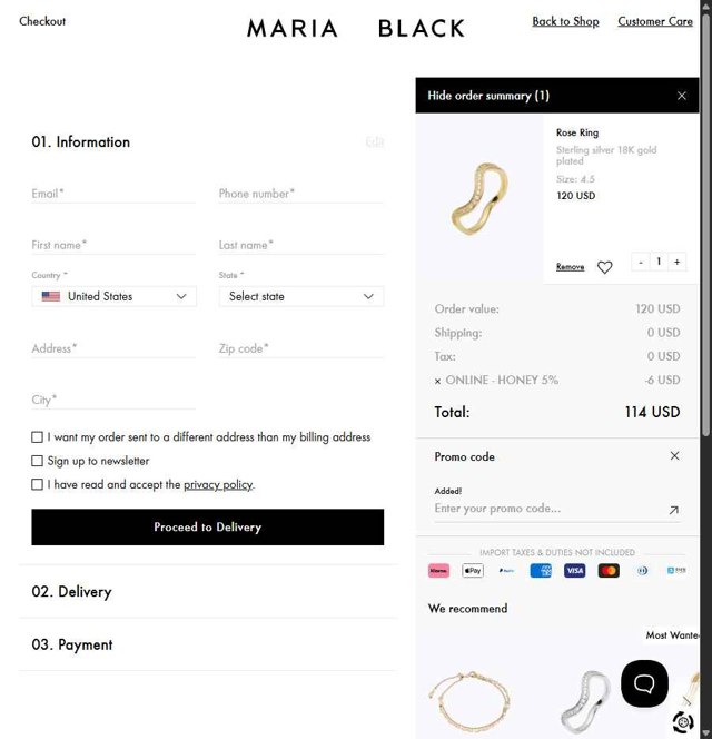 Maria Black checkout page showing Maria Black promo code box | Screenshot taken by SimplyCodes community member on May 13, 2025