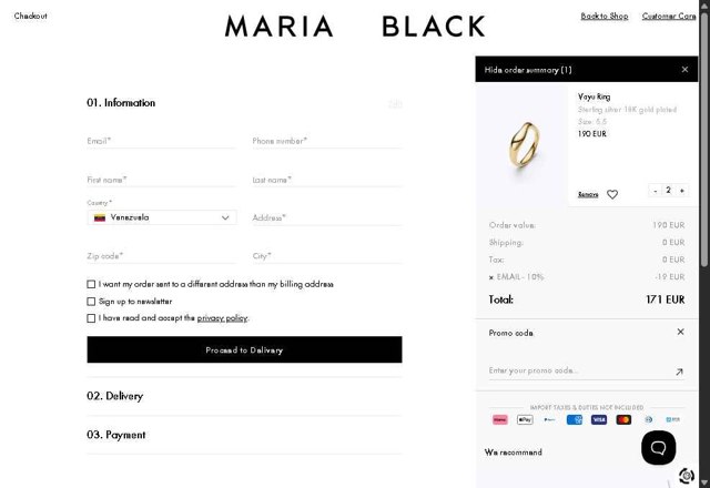 Maria Black checkout page showing Maria Black promo code box | Screenshot taken by SimplyCodes community member on Aug 14, 2025