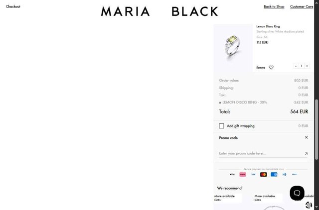 Maria Black checkout page showing Maria Black promo code box | Screenshot taken by SimplyCodes community member on May 30, 2025
