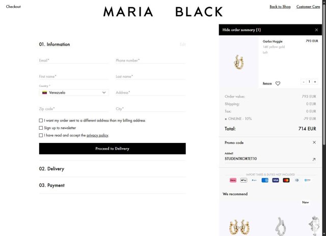 Maria Black checkout page showing Maria Black promo code box | Screenshot taken by SimplyCodes community member on May 27, 2025
