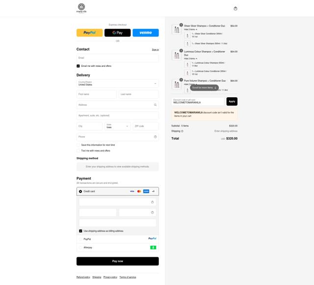 Maria Nila checkout page showing Maria Nila discount code box | Screenshot taken by SimplyCodes community member on Sep 12, 2025