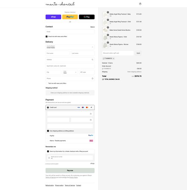 Marie Chantal checkout page showing Marie Chantal discount code box | Screenshot taken by SimplyCodes community member on Sep 10, 2025