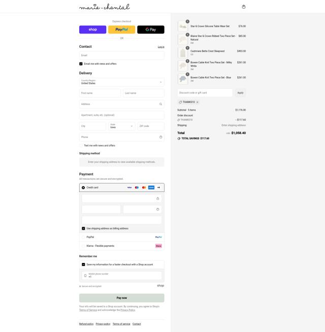 Marie Chantal checkout page showing Marie Chantal discount code box | Screenshot taken by SimplyCodes community member on Sep 2, 2025