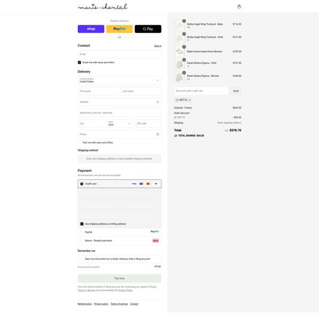 Marie Chantal checkout page showing Marie Chantal discount code box | Screenshot taken by SimplyCodes community member on Sep 10, 2025