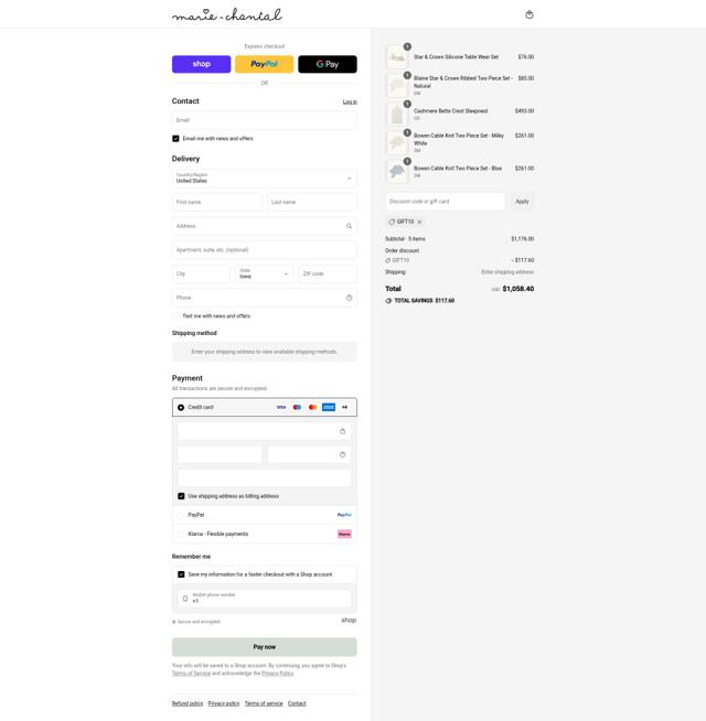 Marie Chantal checkout page showing Marie Chantal discount code box | Screenshot taken by SimplyCodes community member on Sep 2, 2025