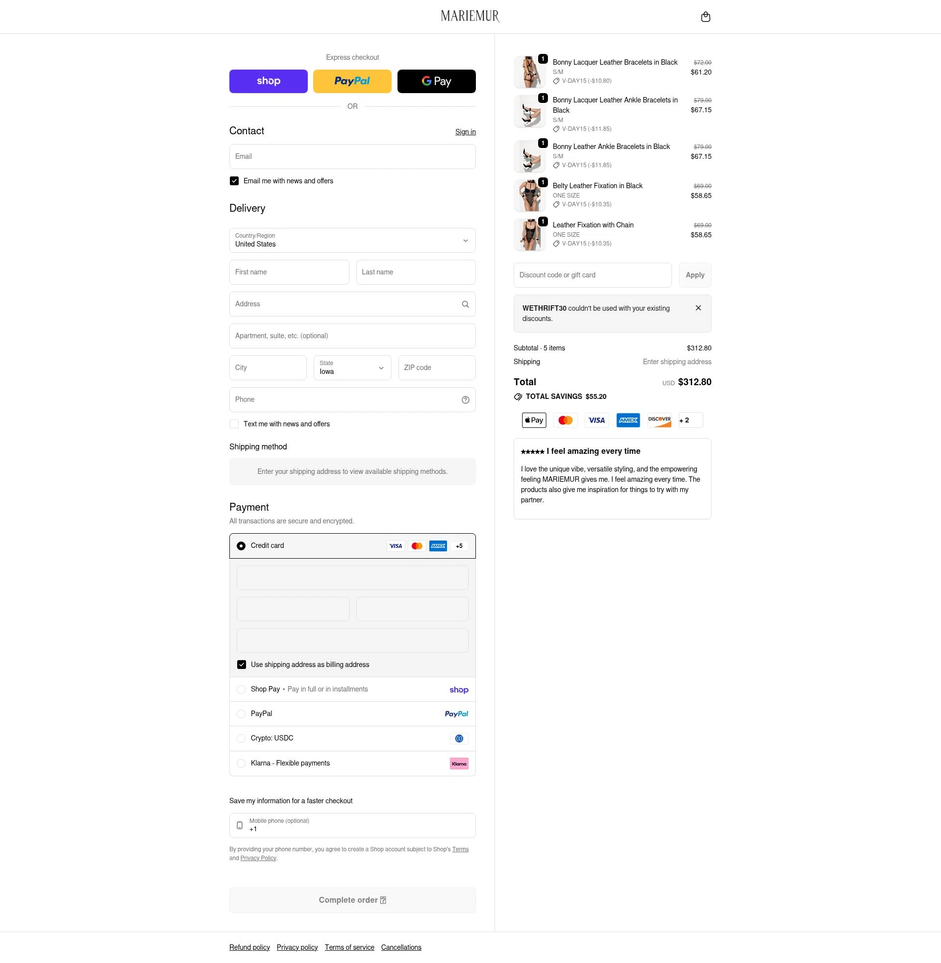 Mariemur checkout page showing Mariemur discount code box | Screenshot taken by SimplyCodes community member on Feb 13, 2026