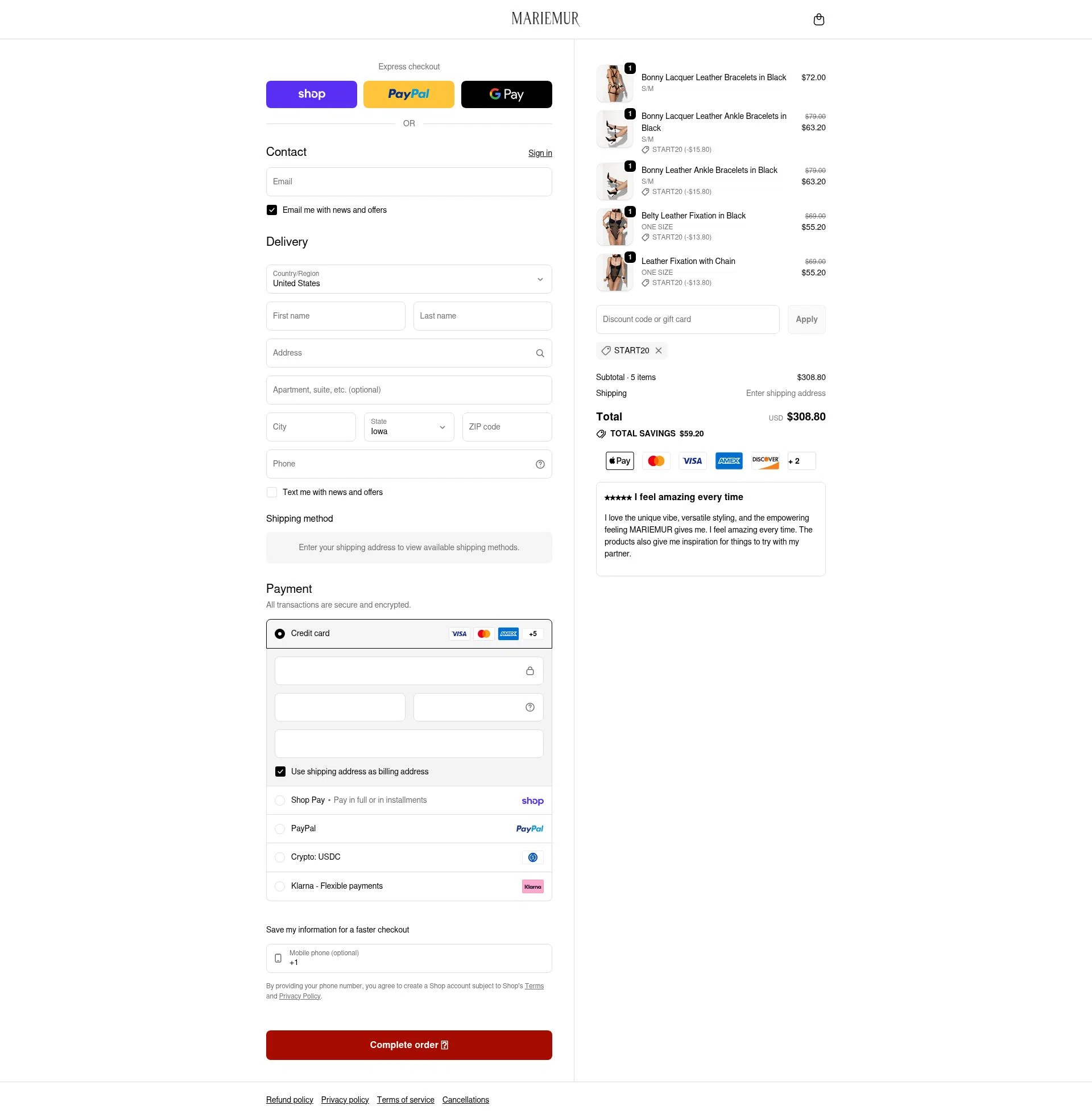 Mariemur checkout page showing Mariemur discount code box | Screenshot taken by SimplyCodes community member on Feb 9, 2026