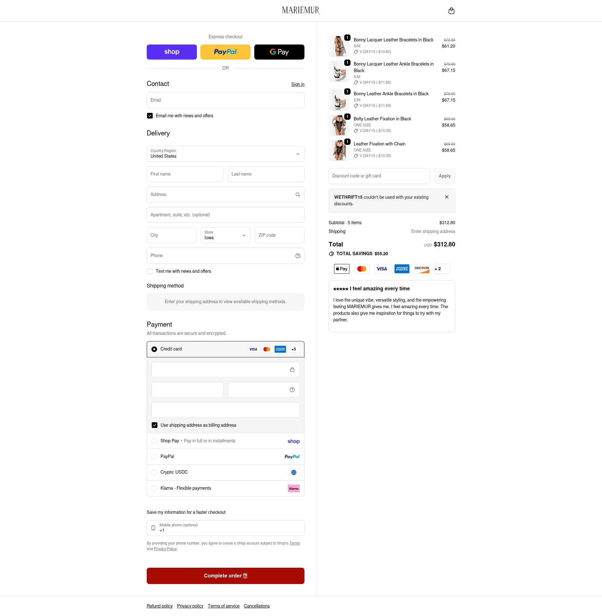 Mariemur checkout page showing Mariemur discount code box | Screenshot taken by SimplyCodes community member on Feb 9, 2026