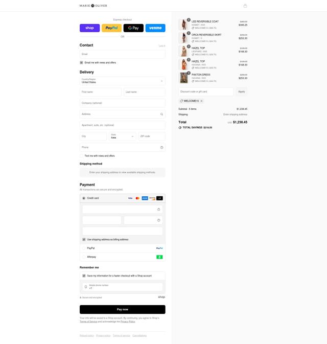Marie Oliver checkout page showing Marie Oliver discount code box | Screenshot taken by SimplyCodes community member on Sep 7, 2025