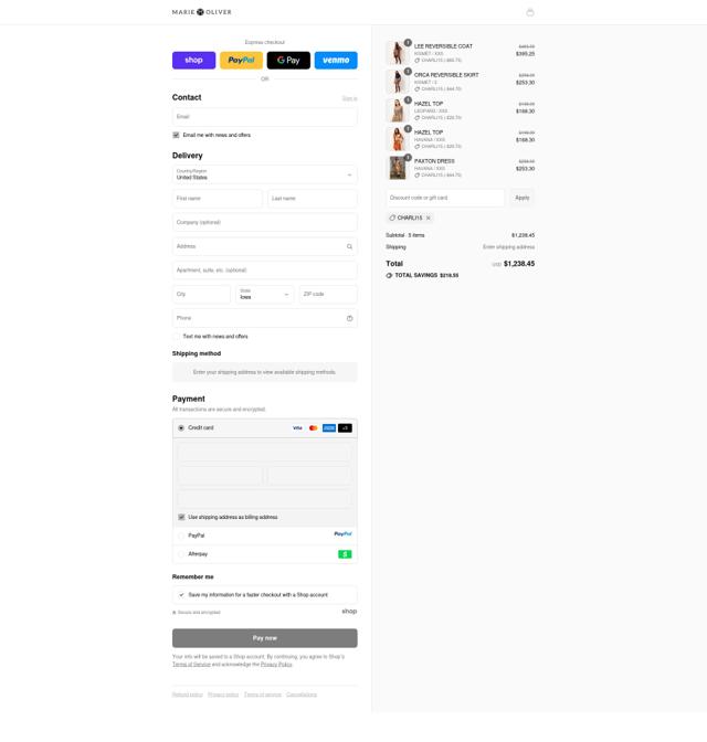 Marie Oliver checkout page showing Marie Oliver discount code box | Screenshot taken by SimplyCodes community member on Sep 11, 2025