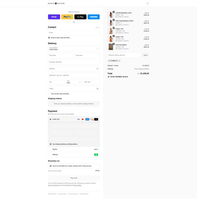 Marie Oliver checkout page showing Marie Oliver discount code box | Screenshot taken by SimplyCodes community member on Sep 7, 2025