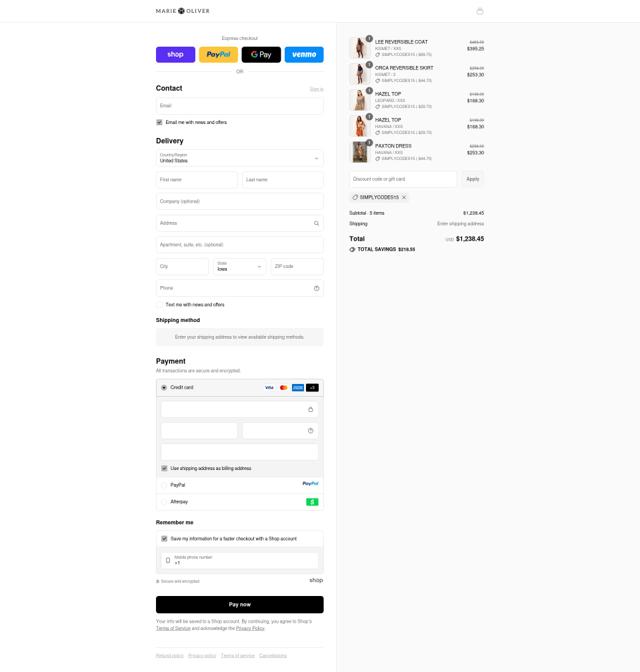 Marie Oliver checkout page showing Marie Oliver discount code box | Screenshot taken by SimplyCodes community member on Sep 11, 2025