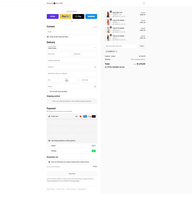 Marie Oliver checkout page showing Marie Oliver discount code box | Screenshot taken by SimplyCodes community member on Sep 3, 2025