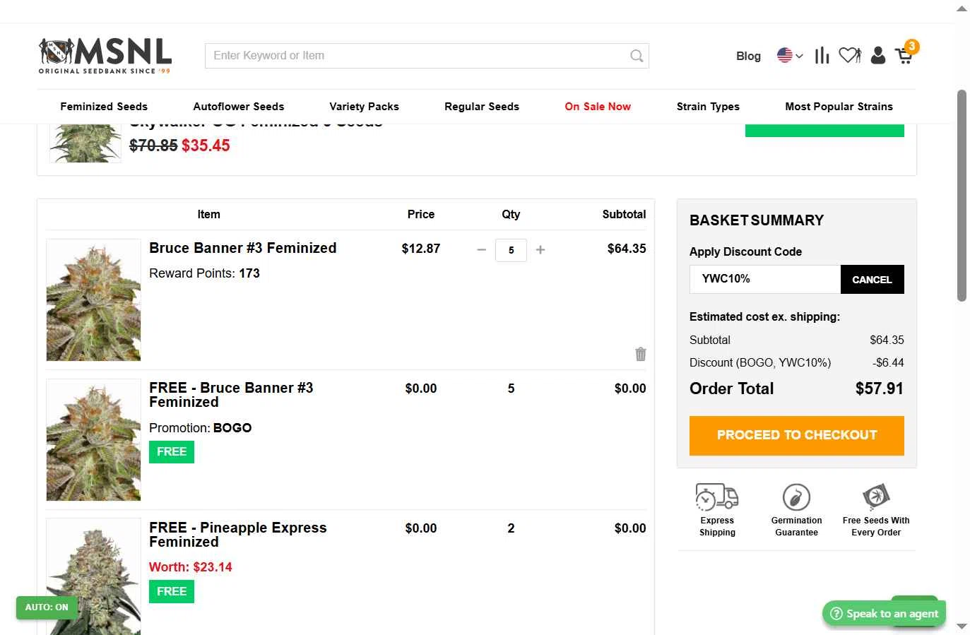 Marijuana Seeds checkout page showing Marijuana Seeds promo code box | Screenshot taken by SimplyCodes community member on Dec 23, 2025