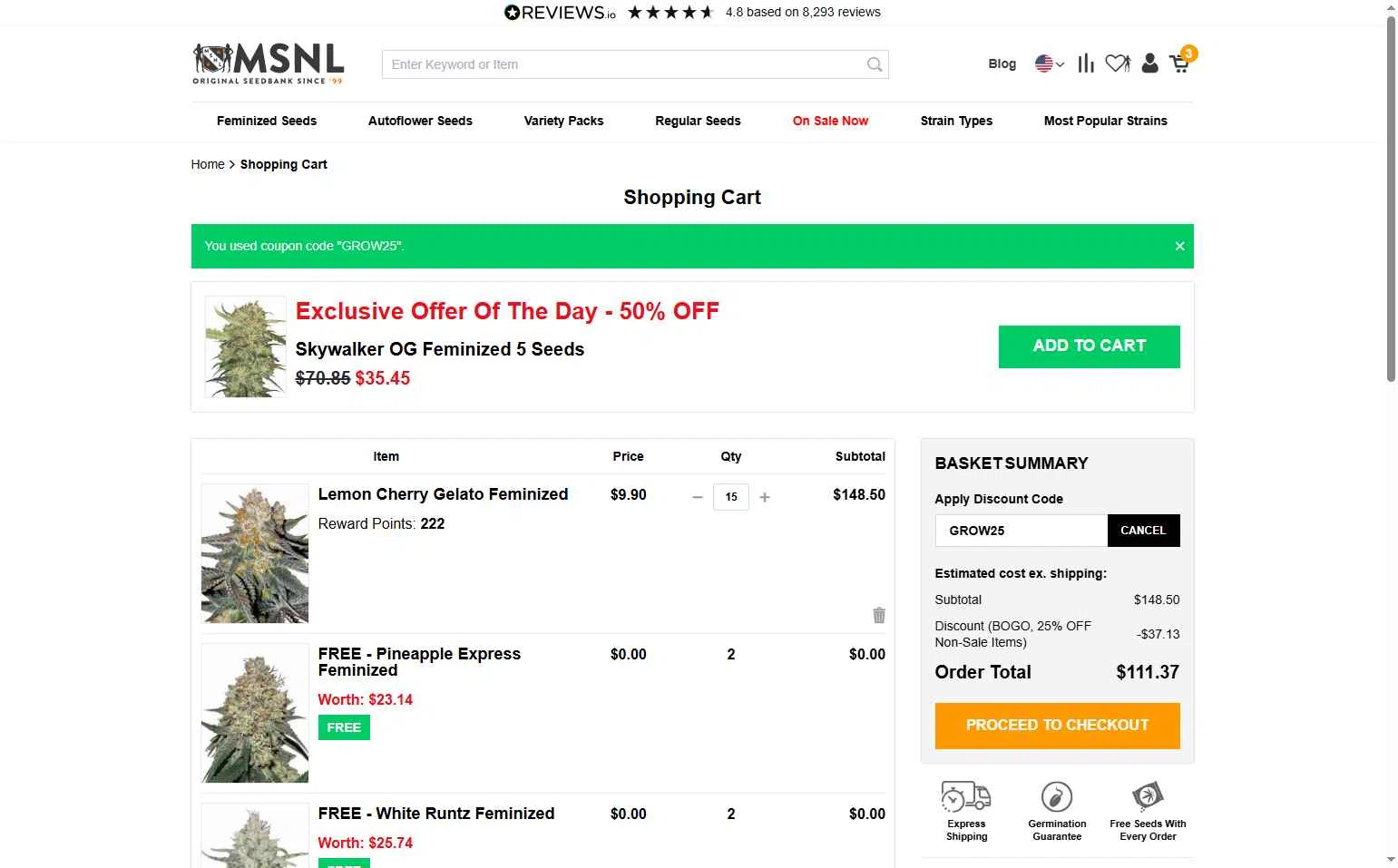 Marijuana Seeds checkout page showing Marijuana Seeds promo code box | Screenshot taken by SimplyCodes community member on Dec 18, 2025