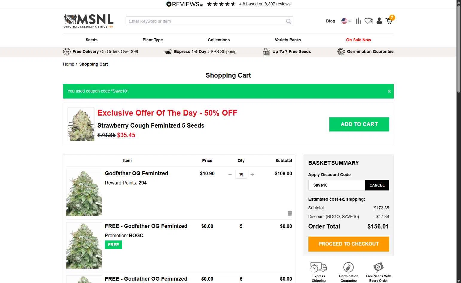 Marijuana Seeds checkout page showing Marijuana Seeds promo code box | Screenshot taken by SimplyCodes community member on Feb 13, 2026