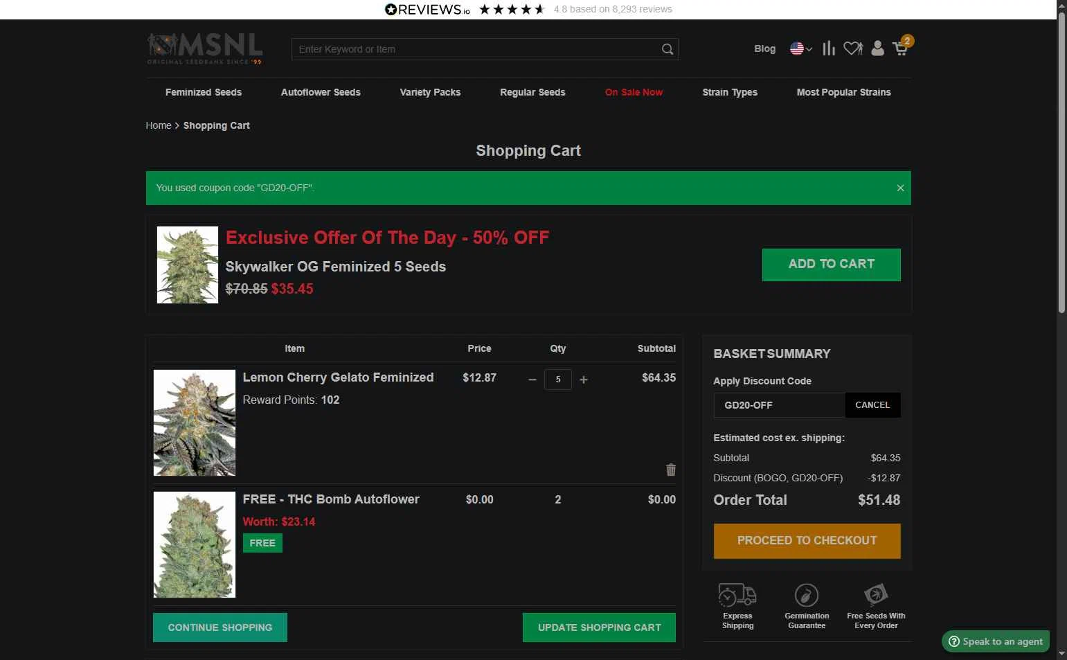 Marijuana Seeds checkout page showing Marijuana Seeds promo code box | Screenshot taken by SimplyCodes community member on Dec 18, 2025