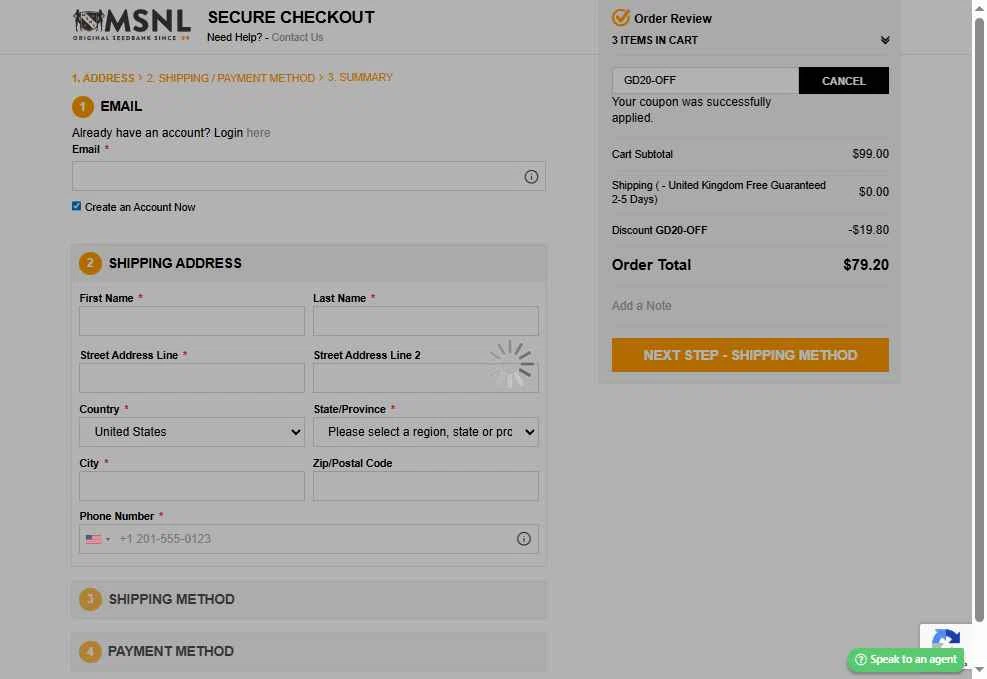 Marijuana Seeds checkout page showing Marijuana Seeds promo code box | Screenshot taken by SimplyCodes community member on Nov 19, 2025