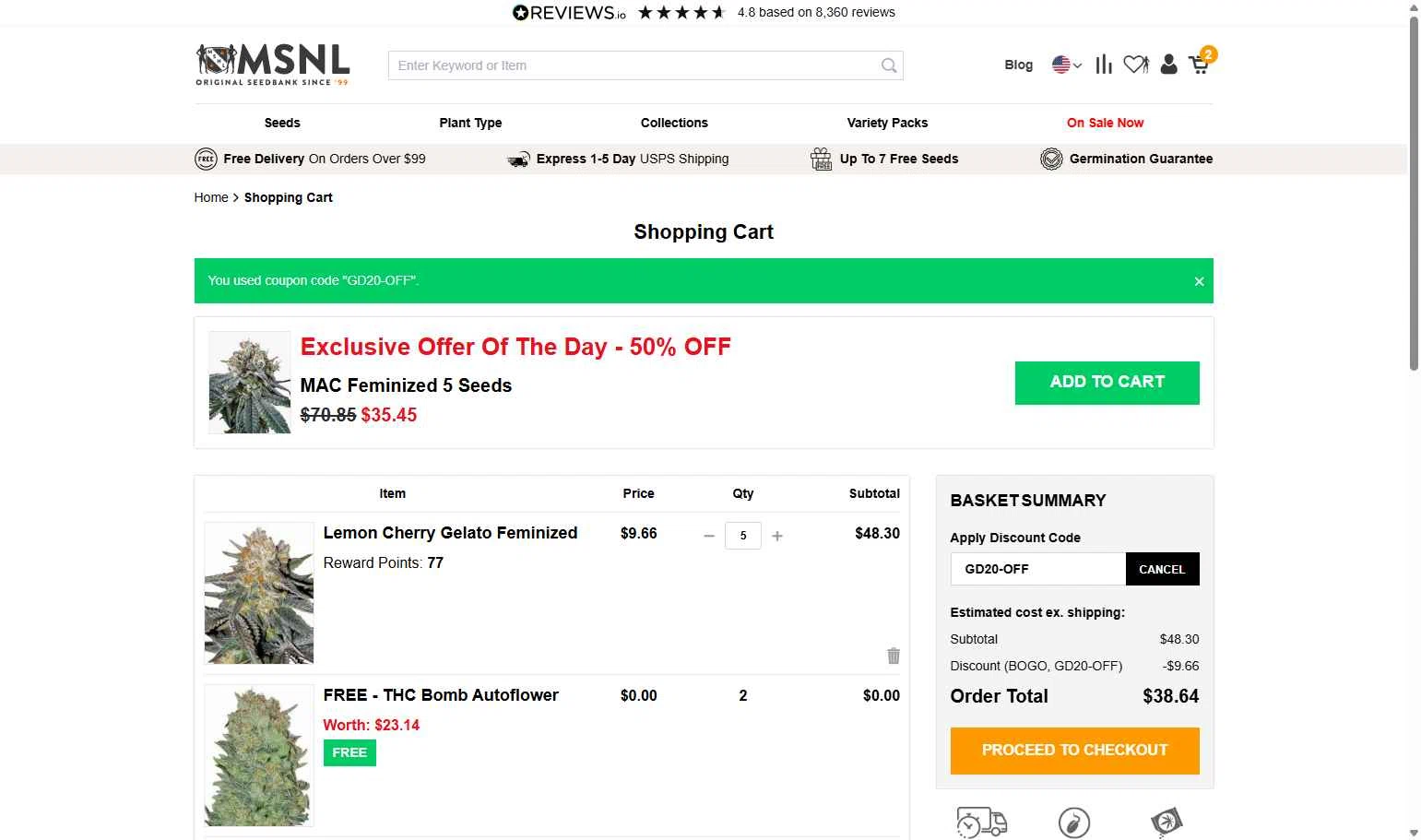 Marijuana Seeds checkout page showing Marijuana Seeds promo code box | Screenshot taken by SimplyCodes community member on Jan 16, 2026