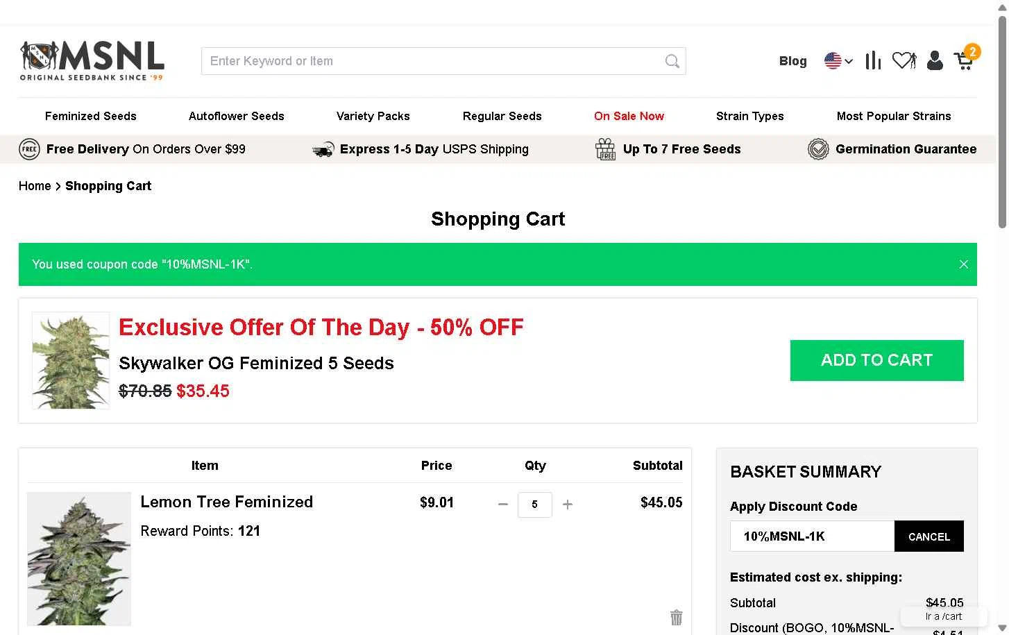 Marijuana Seeds checkout page showing Marijuana Seeds promo code box | Screenshot taken by SimplyCodes community member on Dec 23, 2025