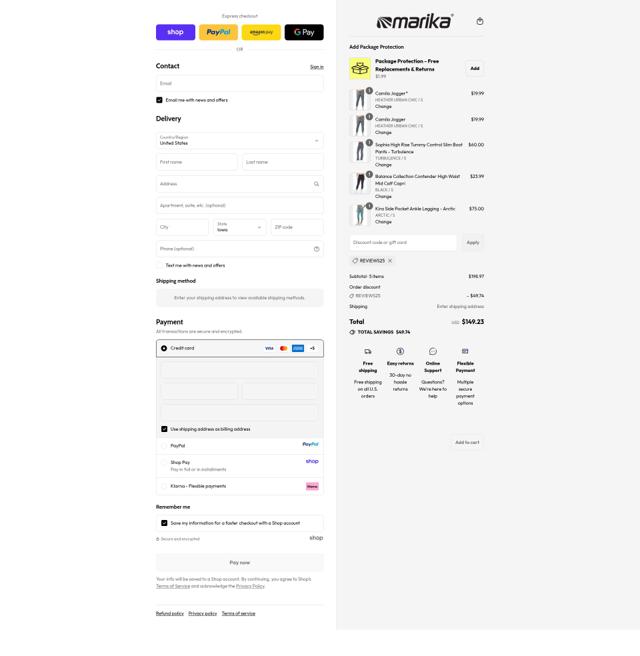 Marika checkout page showing Marika promo code box | Screenshot taken by SimplyCodes community member on Sep 15, 2025