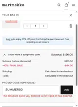 Marimekko coupon verification screenshot
