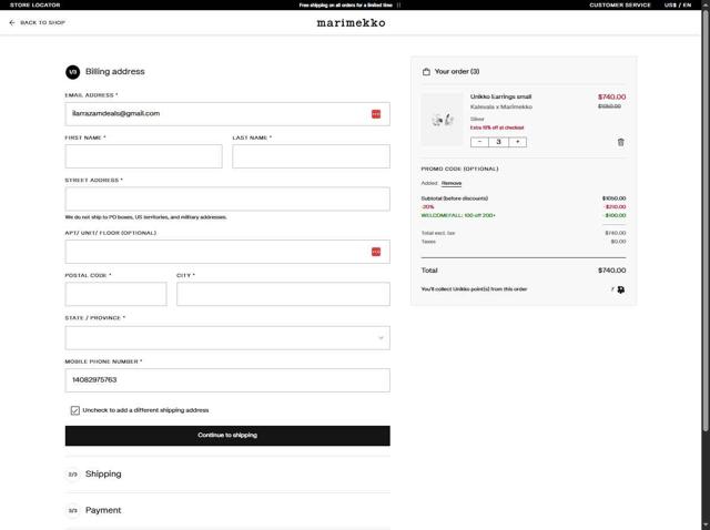 Marimekko checkout page showing Marimekko promo code box | Screenshot taken by SimplyCodes community member on Sep 18, 2025