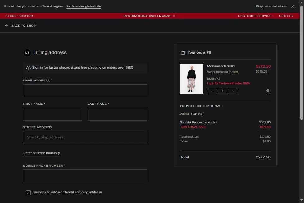 Marimekko checkout page showing Marimekko promo code box | Screenshot taken by SimplyCodes community member on Nov 23, 2025