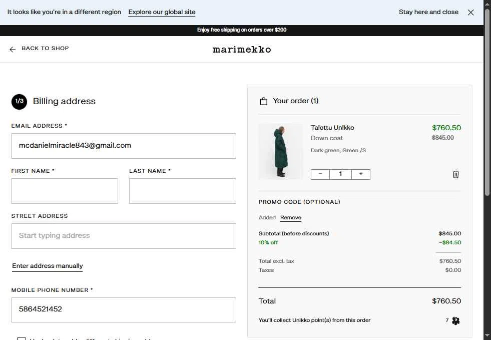 Marimekko checkout page showing Marimekko promo code box | Screenshot taken by SimplyCodes community member on Nov 2, 2025