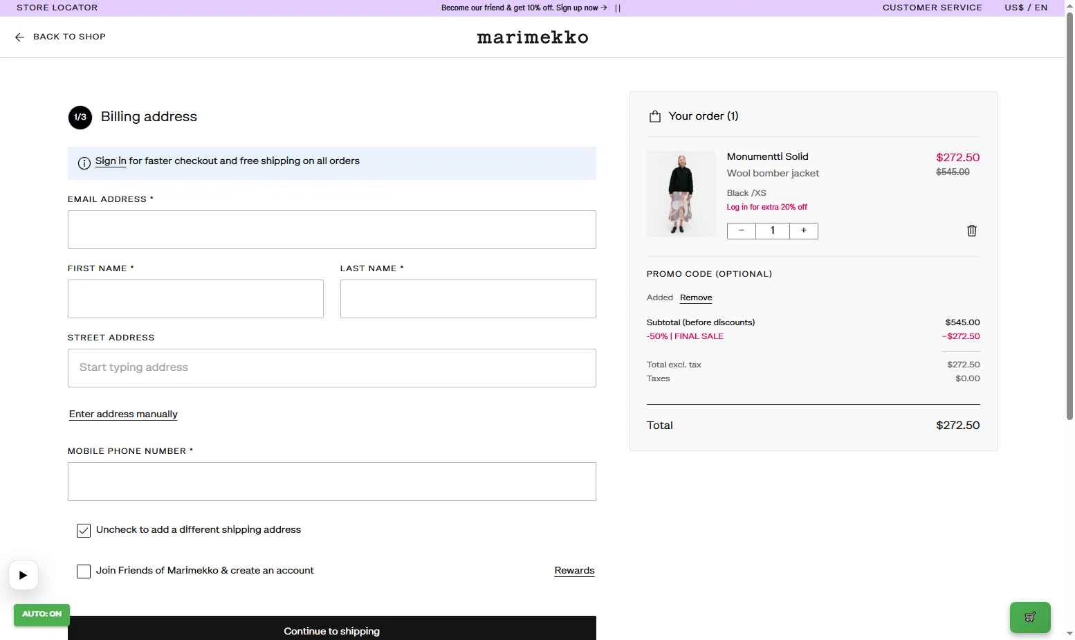Marimekko checkout page showing Marimekko promo code box | Screenshot taken by SimplyCodes community member on Jan 17, 2026