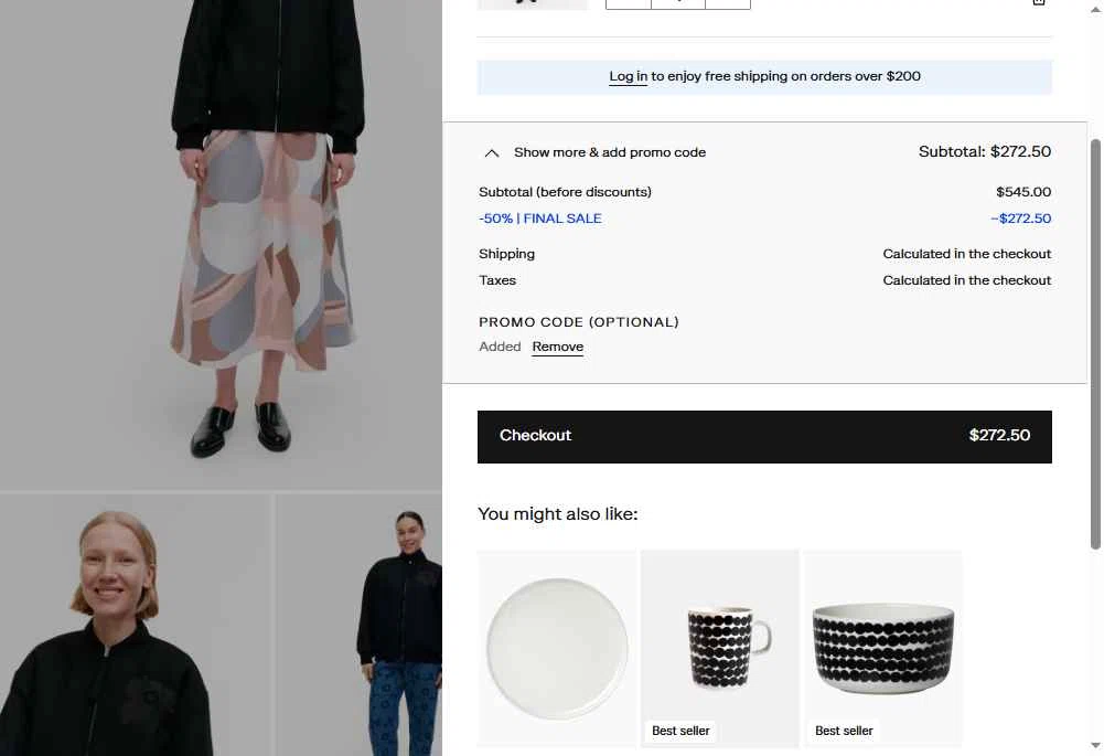 Marimekko checkout page showing Marimekko promo code box | Screenshot taken by SimplyCodes community member on Jan 6, 2026