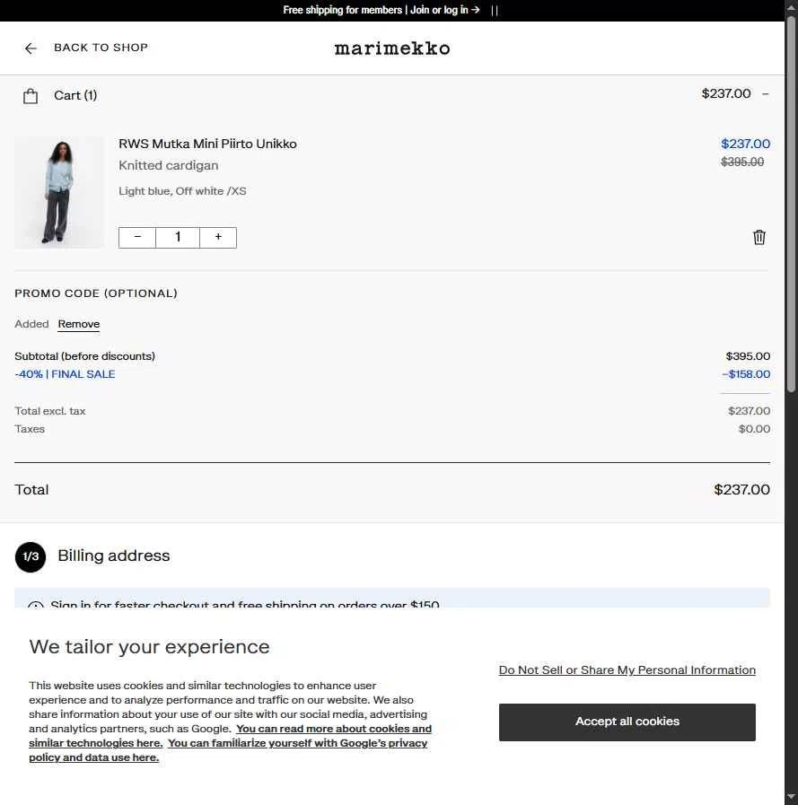 Marimekko checkout page showing Marimekko promo code box | Screenshot taken by SimplyCodes community member on Dec 28, 2025