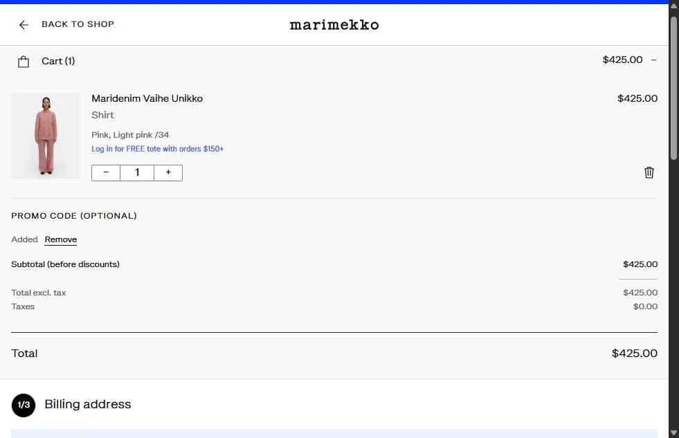 Marimekko checkout page showing Marimekko promo code box | Screenshot taken by SimplyCodes community member on Jan 28, 2026