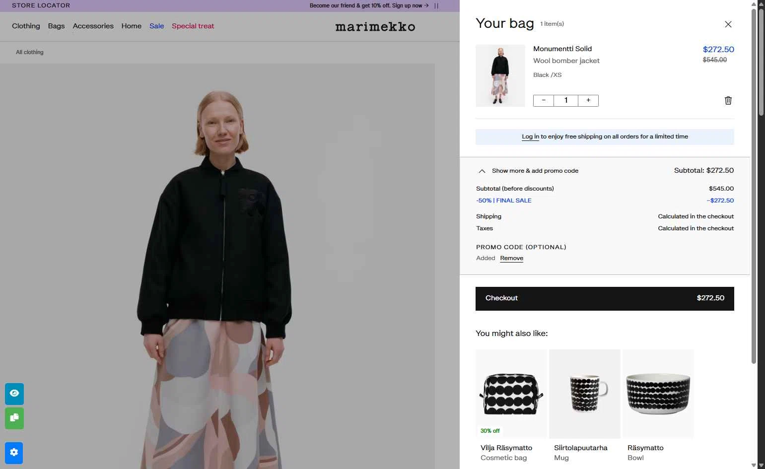 Marimekko checkout page showing Marimekko promo code box | Screenshot taken by SimplyCodes community member on Dec 26, 2025
