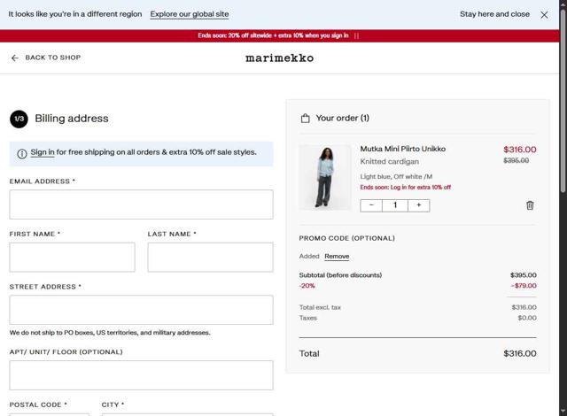 Marimekko checkout page showing Marimekko promo code box | Screenshot taken by SimplyCodes community member on Sep 29, 2025