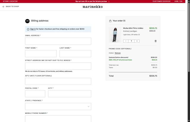 Marimekko checkout page showing Marimekko promo code box | Screenshot taken by SimplyCodes community member on Aug 9, 2025
